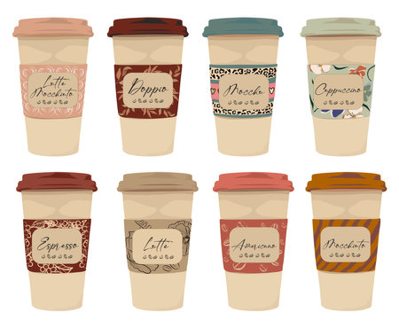 Set of different takeaway coffee cups - espresso, cappuccino, americano, latte.のイラスト素材
