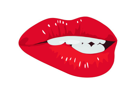 Red sexy Lips biting Vector realistic illustrationのイラスト素材