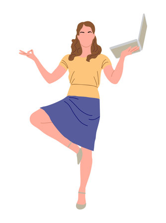 Happy business woman with laptop balancing in yogaのイラスト素材