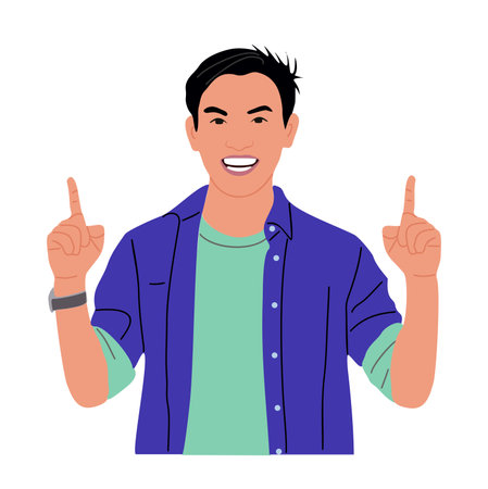 Smiling boy pointing up with fingers vector.のイラスト素材