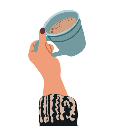 Hand holding mug with hot drink vector isolated.のイラスト素材