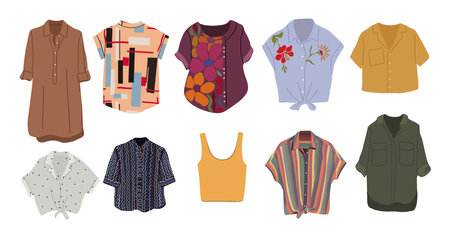 Fashion womens shirts, tops, blouses vector set.のイラスト素材
