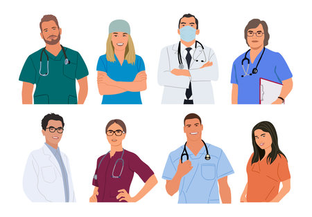 Set of smiling doctors, nurses vector illustrationのイラスト素材