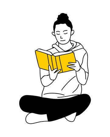 Linear vector drawing of young girl reading book.のイラスト素材