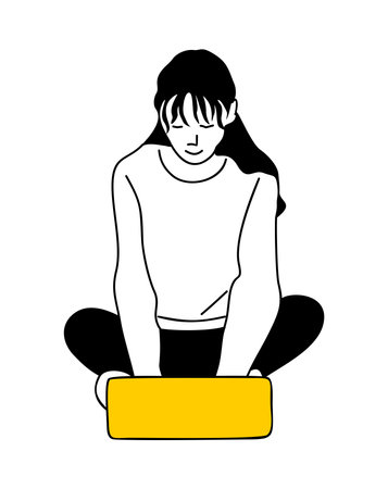 Linear vector drawing of young girl with laptop.のイラスト素材