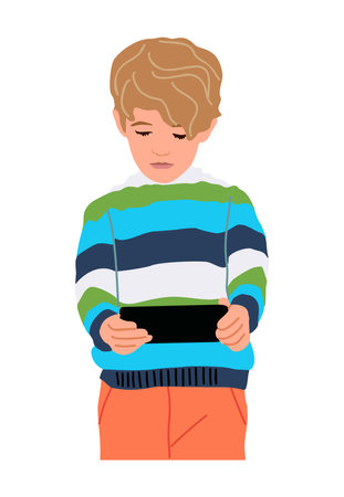 Cute little boy playing video game on smart phone.のイラスト素材