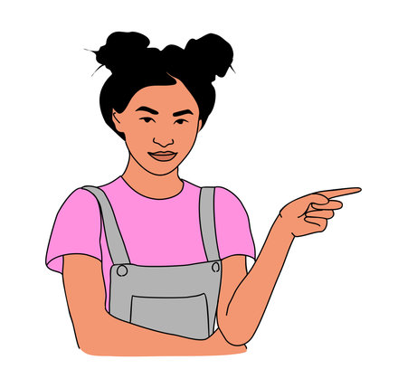 Smiling girl pointing to the side with finger.のイラスト素材