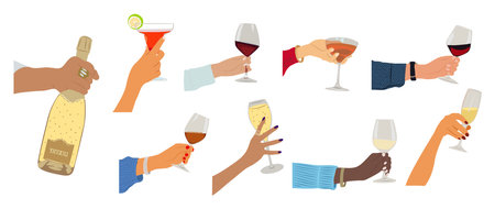 Set of different hands with glass of alcohol drinkのイラスト素材