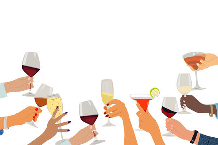 Hands holding glasses with drinks vector border.のイラスト素材