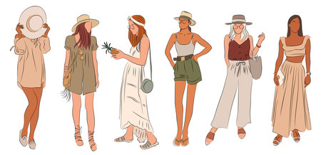 Set of beautiful women in summer beach outfit.のイラスト素材