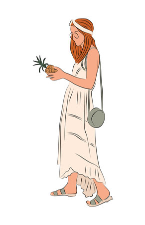 Beautiful girl in summer outfit holding pineapple.のイラスト素材