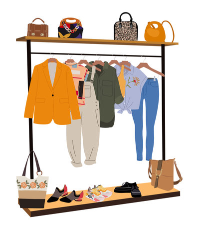 Summer female clothes hanging on rack vector.のイラスト素材