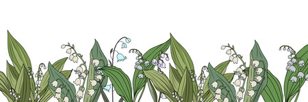 Lily of the Valley May birth month flower background. Gorgeous spring blooming wild flowers nature border. Modern template, overlay, banner vector colorful illustration isolated on white backgroundのイラスト素材