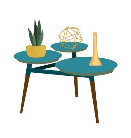 Modern wooden teal coffee table with house plant, vase and geometric decor on it. Trendy design furniture for living room in Mid Century style. Flat vector illustration isolated on white backgroundのイラスト素材