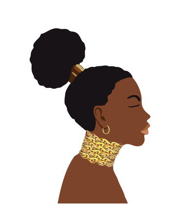 Abstract Black Woman Portrait for Female Print, Boho Girl Wall Art , Mid Century modern design, avatar. Stylish afro woman Vector illustration in Earthy Tones on white backgroundのイラスト素材