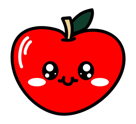 Cute kawaii red apple. Funny fruit with eyes and mouth. Emoticon, Food emoji. Healthy vegetarian character vector cartoon flat illustration isolated on white backgroundのイラスト素材