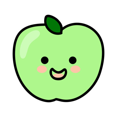 Cute kawaii green apple. Funny fruit with eyes and mouth. Emoticon, Food emoji. Healthy vegetarian character vector cartoon flat illustration isolated on white backgroundのイラスト素材