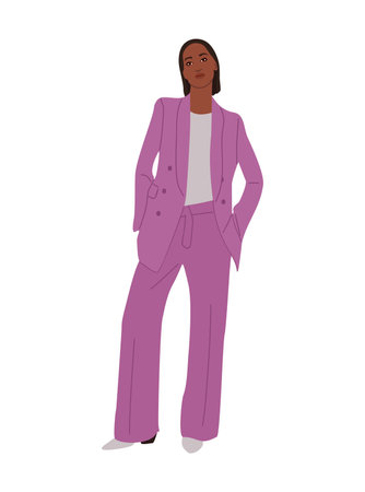 Modern black woman in fashionable smart casual spring, summer office outfit. Pretty african american girl in purple suit. Cartoon character vector realistic illustration Isolated on white backgroundのイラスト素材