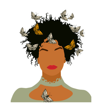 Abstract Black Woman Portrait for Female Print, Boho Girl Wall Art , Mid Century modern design, avatar. Stylish afro woman with butterflies Vector illustration in Earthy Tones on white backgroundのイラスト素材