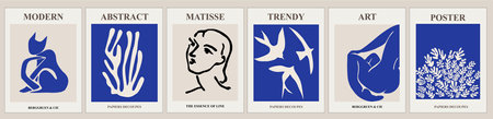 Set of abstract posters in modern blue colors. Trendy Matisse inspired contemporary wall art with abstract women, cat, birds, algae, cut outs and line art. Aesthetic minimalist Vector illustrationsのイラスト素材