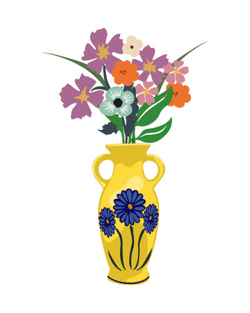 Gorgeous blooming flowers in vase isolated on white background. Wildflowers bouquet, decorative floral design element for cards, wall arts. Cartoon colorful vector illustration. Digital stickerのイラスト素材