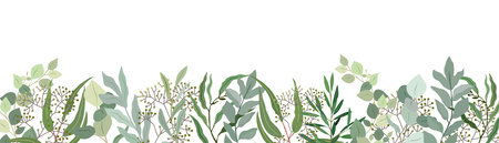Eucalyptus leaves and branches border. Trendy botanical illustration. Greenery for wedding invitation, greeting cards, decoration, stationery design. Vector art Isolated on white backgroundのイラスト素材