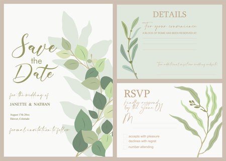 Wedding save the date invitation card eucalyptus.のイラスト素材