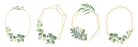 Set of golden geometric frames with eucalyptus.のイラスト素材