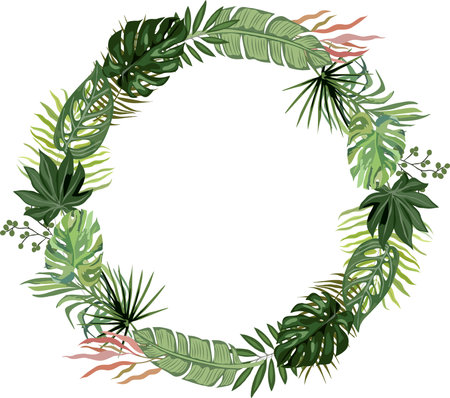 Tropical leaves wreath. Round natural backdrop with hand drawn exotic leaves, branches. Decorative frame, overlay. Botanical vector realistic illustration isolated on white backgroundのイラスト素材