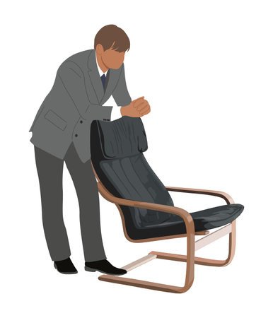 Businessman stands leaning on an office chair. Handsome business man character in formal suit and tie. Vector cartoon realistic illustration isolated on white backgroundのイラスト素材