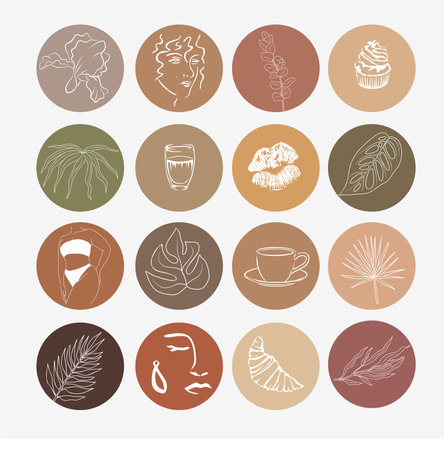 Set of social media highlight cover icons with hand drawn leaves, branches, female face, body, lips, coffee cup. Line art hand drawn vector Illustrations isolated on terracotta palette backgroundsのイラスト素材