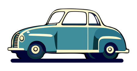 Retro car side view cartoon vector illustration isolated on white background. Old abstract automobile. Blue teal auto. Vintage Wheel transport profile. Antique vehicle emblem,  poster design.のイラスト素材