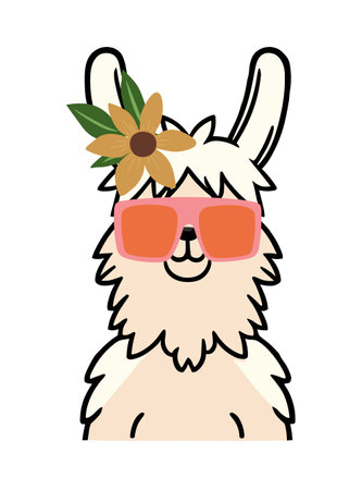 Llama alpaca with sunglasses and summer flowers doodle animal icon. Face neck. Fluffy hair fur. Cute cartoon funny kawaii character. Vector illustration isolated on white backgroundのイラスト素材