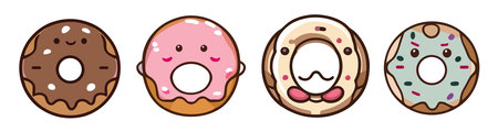 Happy donut kawaii characters with eyes and smile. Donut vector set isolated on a white background. Doughnuts collection. Sweet sugar icing donuts with chocolate, strawberry, blueberry glaze top viewのイラスト素材