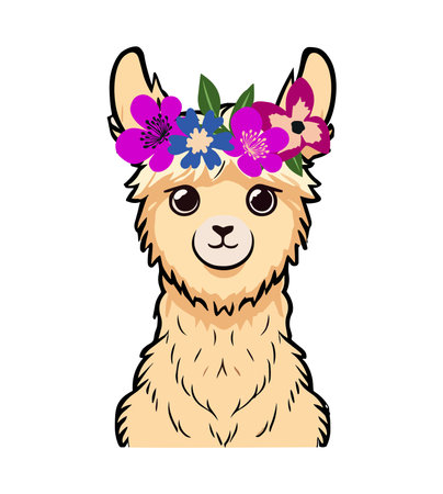 Llama alpaca with summer flowers doodle animal icon. Face neck. Fluffy hair fur. Cute cartoon funny kawaii character. Vector illustration isolated on white backgroundのイラスト素材
