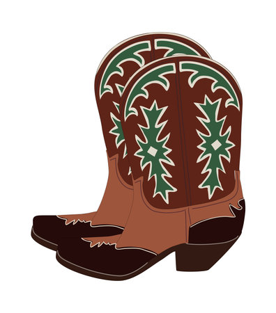 Cowgirl boots. Traditional western brown leather cowboy boots decorated with embroidered wild west elements. Realistic vector art illustration isolated on white background. Digital stickerのイラスト素材