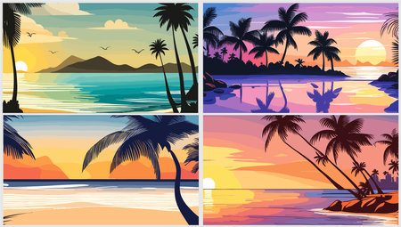 Tropical beach with palm trees and sea. Exotic island in ocean at sunset. Nature landscape and seascape. Set of abstract art backgrounds, banner, cover, phone wallpaper vector colorful illustrationsのイラスト素材