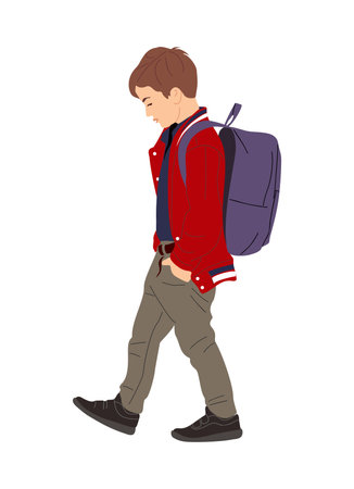 Kid boy walking to school with backpack side view. Child vector illustration isolated on white backgroundのイラスト素材