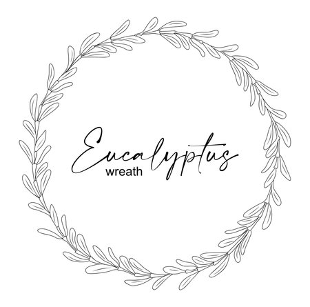 Hand drawn eucalyptus wreath line art vector illustration isolated on white background. Circle floral frame in black ink sketch style. Elegant wedding invitation design. Botanical clipartのイラスト素材