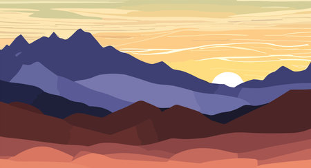 Sunset in Mountains landscape abstract art background. Minimalist design with sun, tree silhouettes, desert in dramatic vivid colors. Abstract vector art wallpaper for prints, banner, wall art, coverのイラスト素材