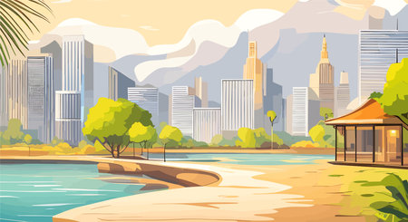 City park landscape with lake urban background. Tropical skyline with modern building, palm tree silhouettes and sand beach of river or harbor. Colorful vector cartoon illustration. Banner, backdropのイラスト素材