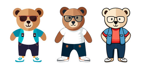 Teddy bear toy cartoon isolated on white background vector illustrations graphic design set. Teddy Bear boys standing in smart casual clothes, jeans, shirt, sneakers and glassesのイラスト素材