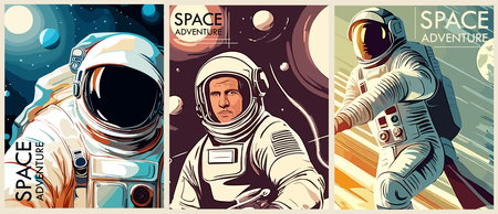 Astronaut in space retro Posters, backgrounds, covers vector set. Space and the universe concept. Cosmonaut in spacesuit flying in universe with stars and planets vintage style illustrationsのイラスト素材