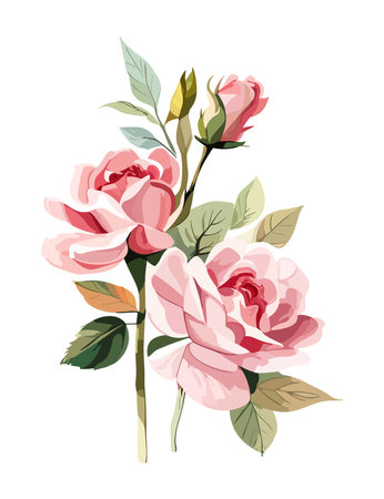 Gorgeous Pink roses and green leaves composition. Realistic bouquet watercolor vector illustration isolated on white background. Floral design for poster, greeting card, wedding invitation, stickersのイラスト素材