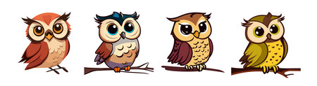 Set of cute funny cartoon owls sitting on branch. Forest bird or animal characters. Decorative and style toy, doll. Childrens vector illustration for print or sticker isolated on White backgroundのイラスト素材