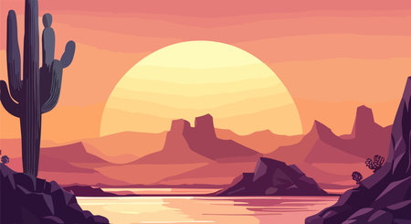 Desert landscape abstract art background. Texas western mountains and cactuses. Vector illustration of Wild West desert with red sky and sun. Design element for banner, flyer, card, sign templateのイラスト素材