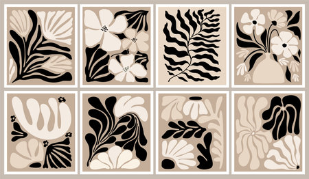Set of abstract floral posters. Botanical prints in trendy scandinavian, japandi style, modern black beige wall art. Naive groovy hippie interior decoration, painting. Monochrome vector illustrationsのイラスト素材