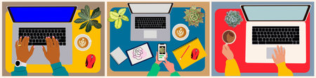 Female hands working on laptop at desk top view. Working, chatting, communication, surfing internet, working online, watching video, shopping. Colorful cartoon flat vector illustrationsのイラスト素材
