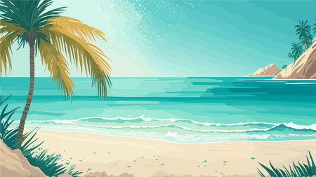 Tropical Sea beach background, landscape with sand beach, sea water edge and palm trees. Colorful vector art illustration, banner, wallpaper.のイラスト素材