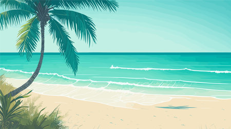 Tropical Sea beach background, landscape with sand beach, sea water edge and palm trees. Colorful vector art illustration, banner, wallpaper.のイラスト素材